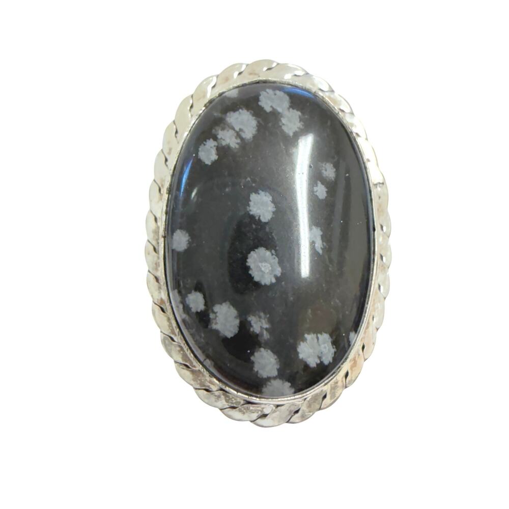 Genuine natural‎ snowflake obsidian gemstone ring silver overlay adjustable